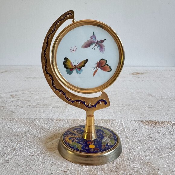 Vintage Chinese Cloisonne Silk Butterfly Embroidery Art - Picture 1 of 13